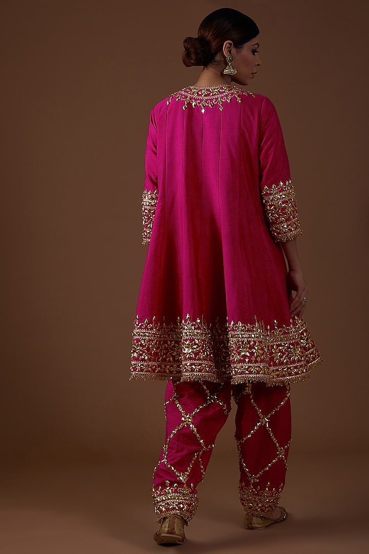 Pink Dupion Silk Hand Embroidered Short Wedding Anarkali Set by Preeti S Kapoor at Pernia's Pop Up Shop