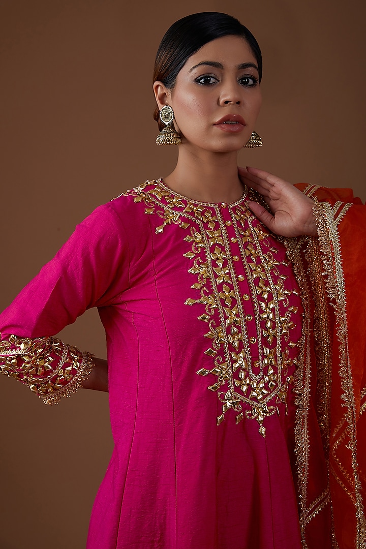 Pink Dupion Silk Hand Embroidered Short Wedding Anarkali Set by Preeti S Kapoor at Pernia's Pop Up Shop