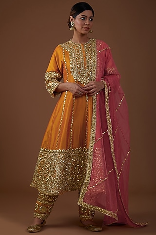 Marigold Dupion Silk Hand Embroidered Anarkali Set by Preeti S Kapoor