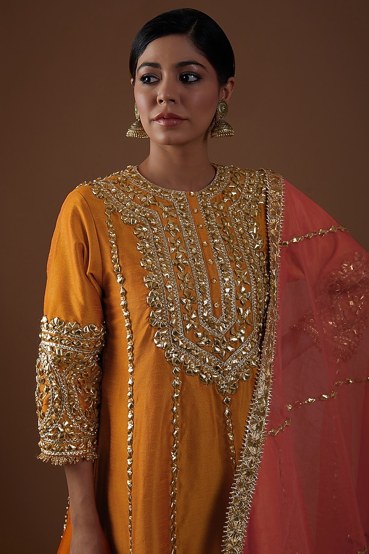 Marigold Dupion Silk Hand Embroidered Wedding Anarkali Set by Preeti S Kapoor at Pernia's Pop Up Shop