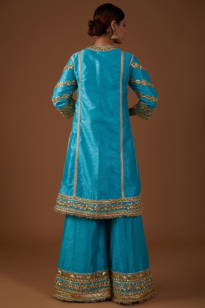 Teal Serenade Dupion Silk Hand Embroidered A-Line Kurta Set by Preeti S Kapoor at Pernia's Pop Up Shop