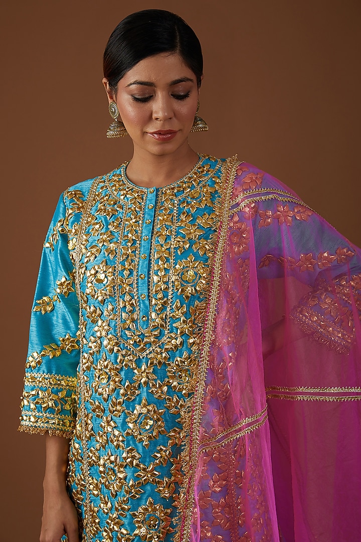 Teal Serenade Dupion Silk Hand Embroidered A-Line Kurta Set by Preeti S Kapoor at Pernia's Pop Up Shop