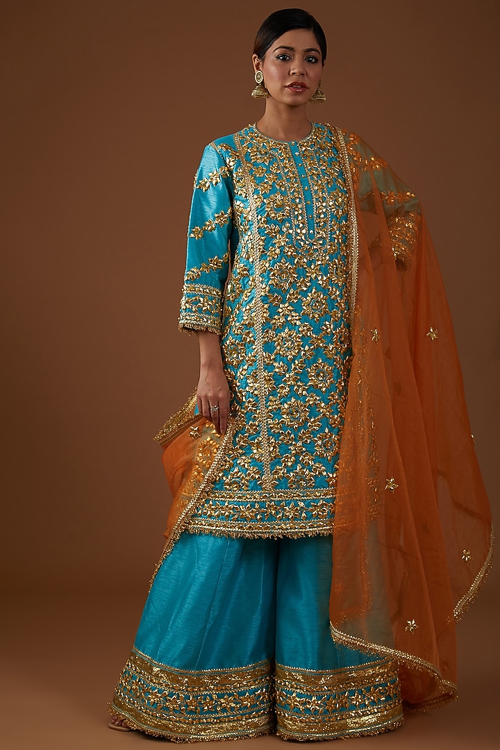 Teal Serenade Dupion Silk Hand Embroidered A-Line Kurta Set by Preeti S Kapoor at Pernia's Pop Up Shop