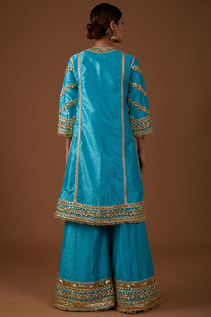 Teal Serenade Dupion Silk Hand Embroidered A-Line Kurta Set by Preeti S Kapoor at Pernia's Pop Up Shop