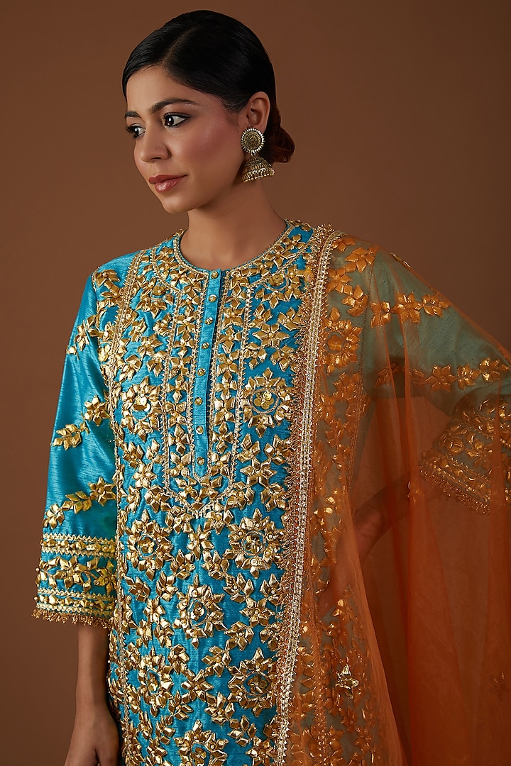 Teal Serenade Dupion Silk Hand Embroidered A-Line Kurta Set by Preeti S Kapoor at Pernia's Pop Up Shop