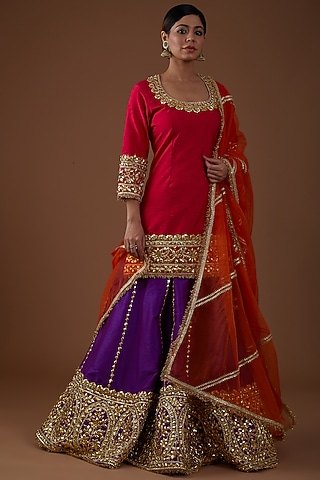 Violet Dupion Silk Hand Embroidered Lehenga Set by Preeti S Kapoor