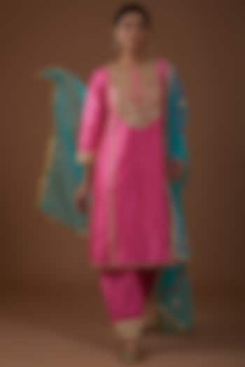 Electric Pink Dupion Silk Hand Embroidered A-Line Kurta Set by Preeti S Kapoor at Pernia's Pop Up Shop