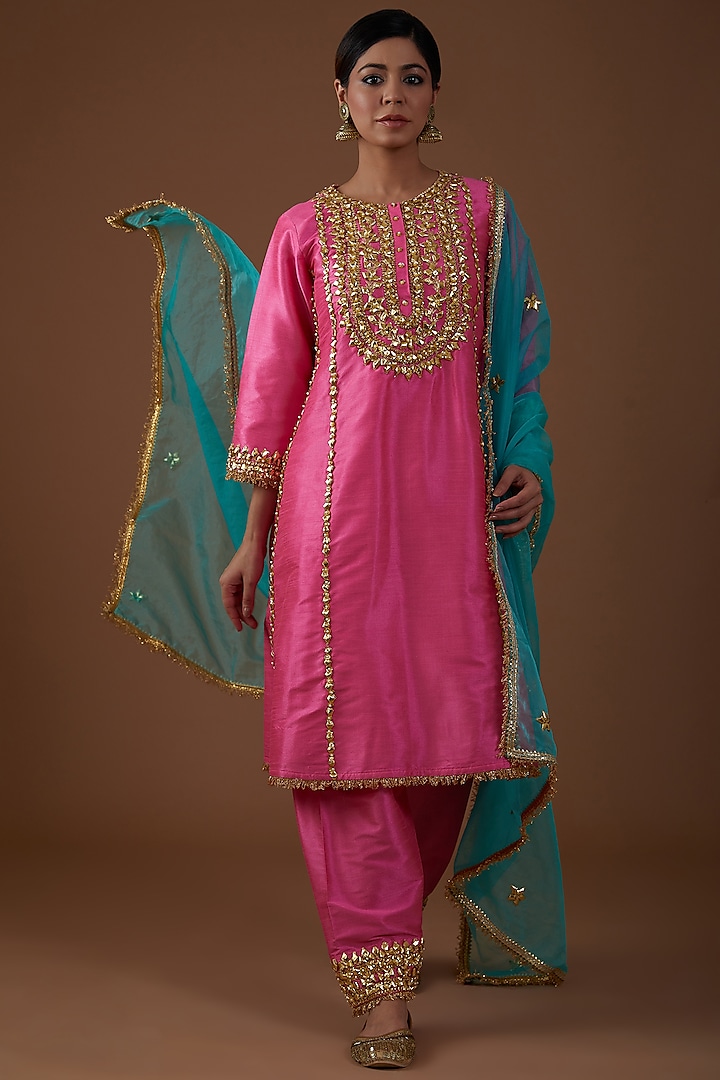 Electric Pink Dupion Silk Hand Embroidered A-Line Kurta Set by Preeti S Kapoor at Pernia's Pop Up Shop