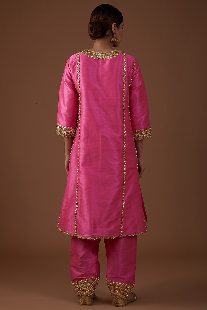 Electric Pink Dupion Silk Hand Embroidered A-Line Kurta Set by Preeti S Kapoor at Pernia's Pop Up Shop