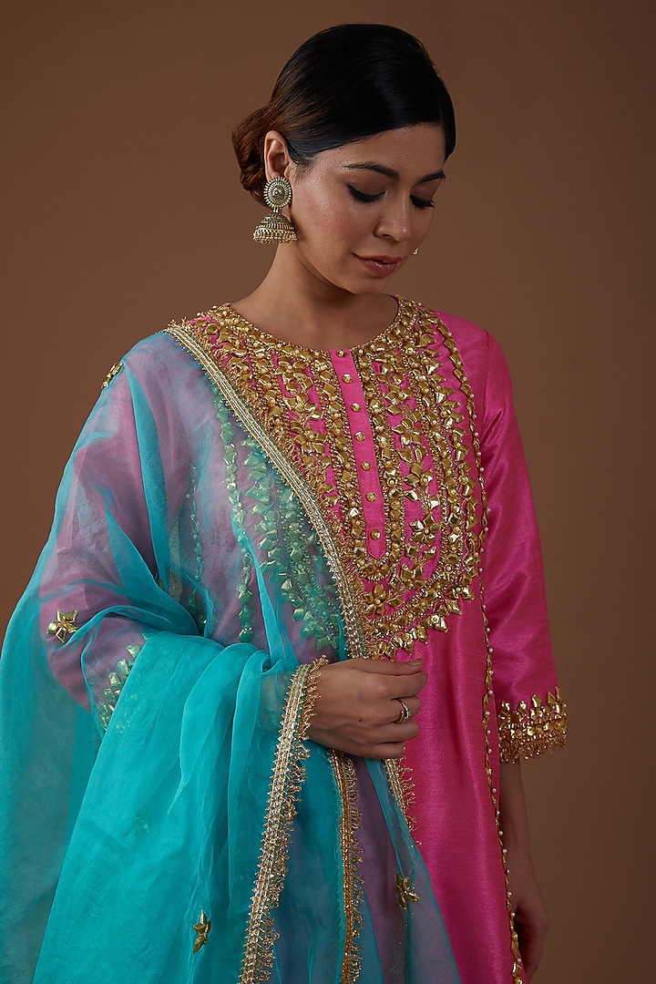 Electric Pink Dupion Silk Hand Embroidered A-Line Kurta Set by Preeti S Kapoor at Pernia's Pop Up Shop