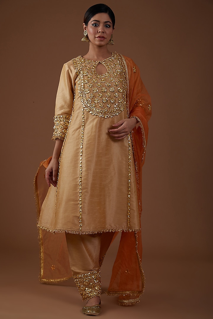 Beige Dupion Silk Hand Embroidered A-Line Kurta Set by Preeti S Kapoor at Pernia's Pop Up Shop