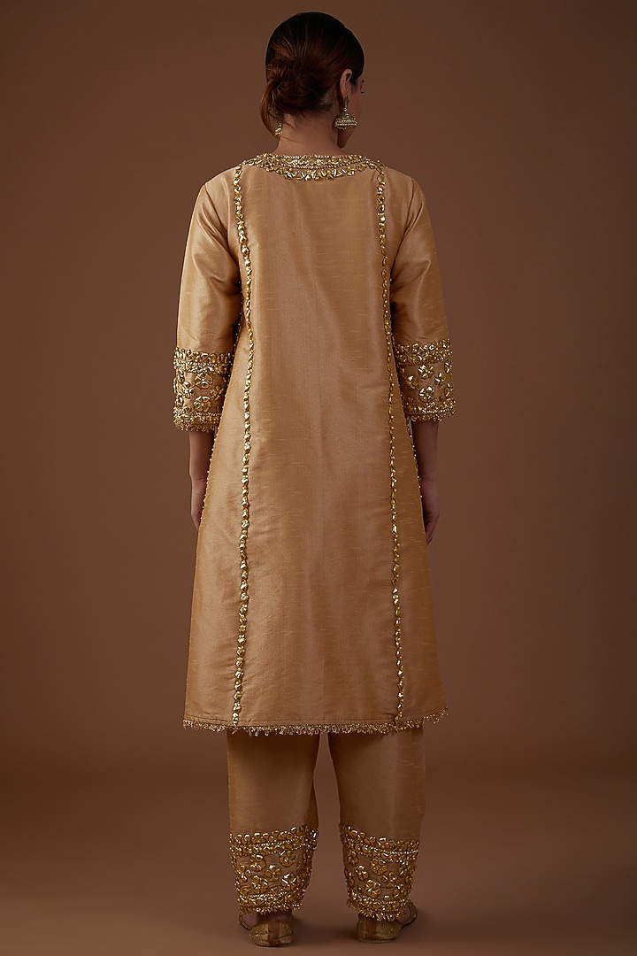 Beige Dupion Silk Hand Embroidered A-Line Kurta Set by Preeti S Kapoor at Pernia's Pop Up Shop