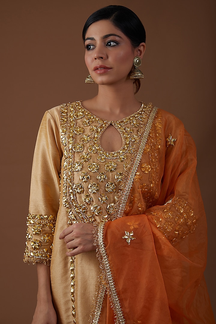 Beige Dupion Silk Hand Embroidered A-Line Kurta Set by Preeti S Kapoor at Pernia's Pop Up Shop
