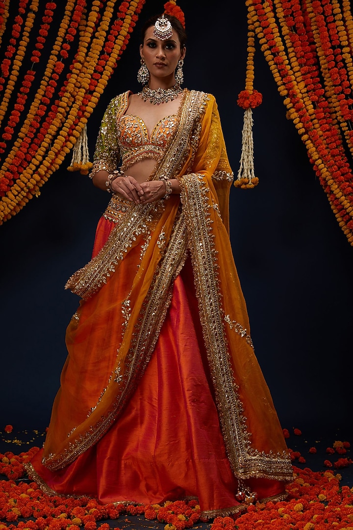 Rust Orange Ombre Raw Silk Sequin Embroidered Wedding Lehenga Set by Preeti S Kapoor at Pernia's Pop Up Shop