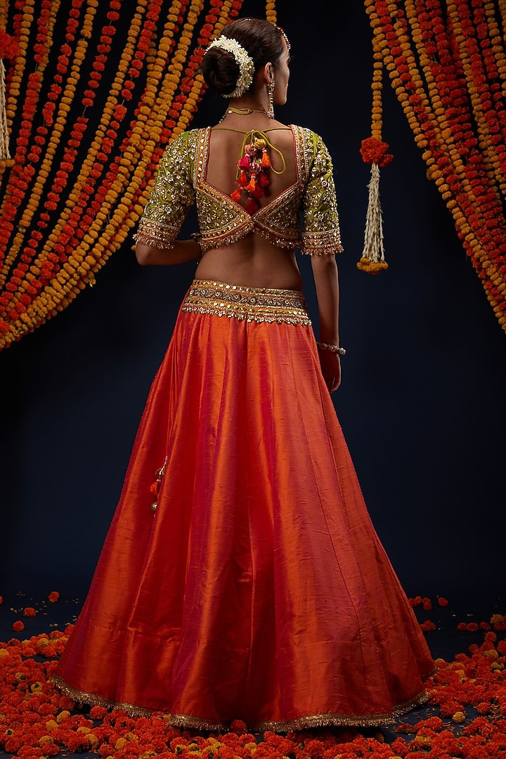 Rust Orange Ombre Raw Silk Sequin Embroidered Wedding Lehenga Set by Preeti S Kapoor at Pernia's Pop Up Shop