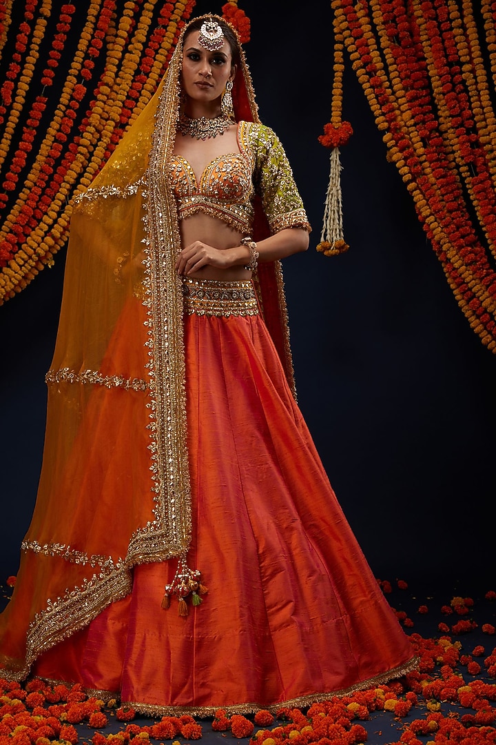Rust Orange Ombre Raw Silk Sequin Embroidered Wedding Lehenga Set by Preeti S Kapoor at Pernia's Pop Up Shop