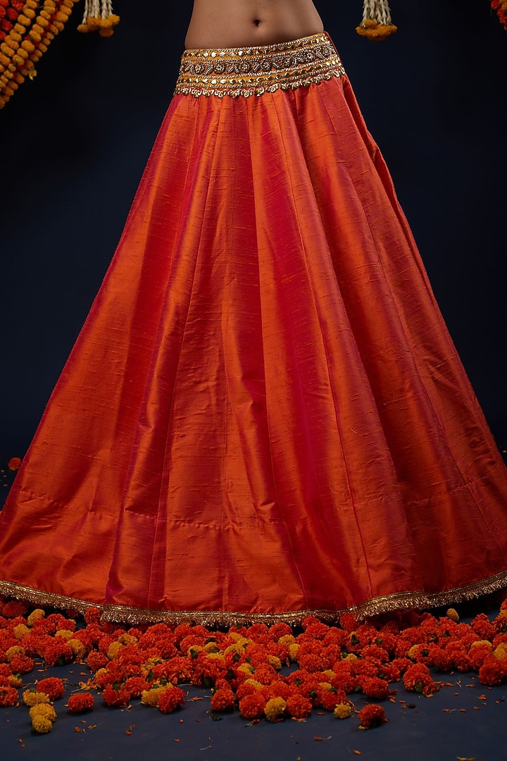 Rust Orange Ombre Raw Silk Sequin Embroidered Wedding Lehenga Set by Preeti S Kapoor at Pernia's Pop Up Shop