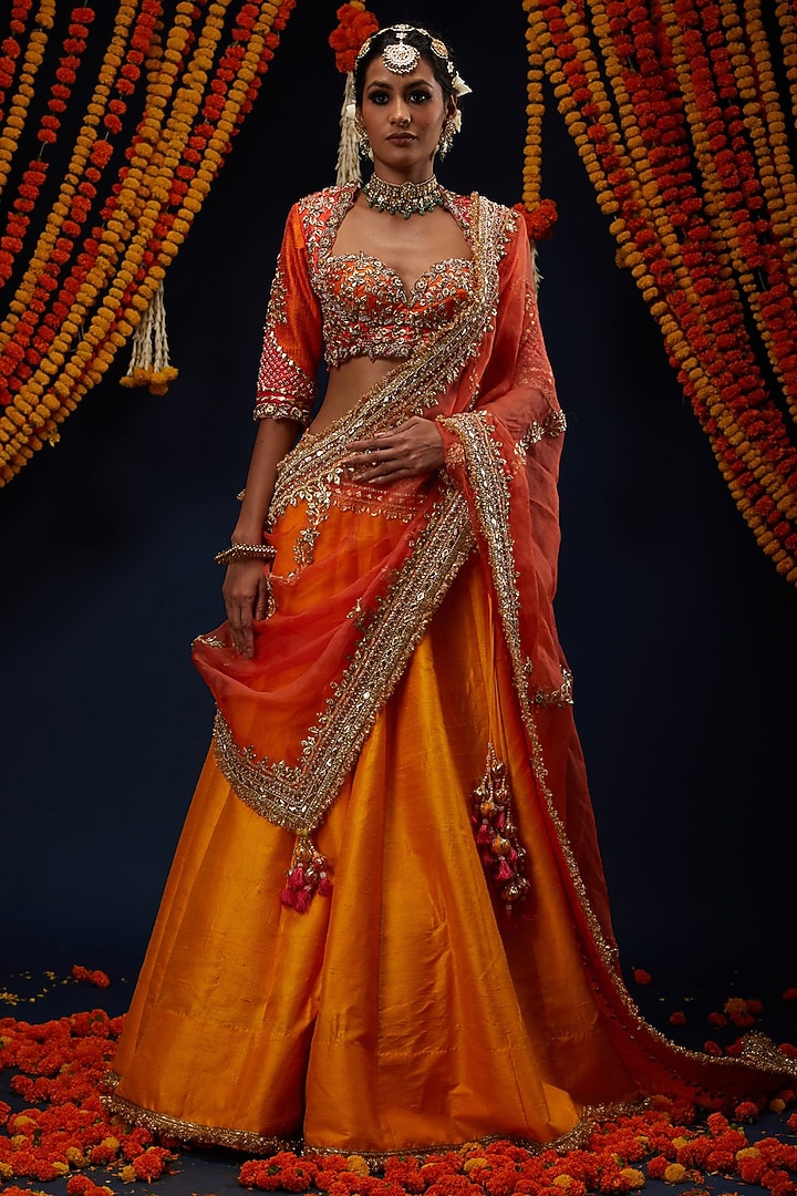 Marigold Yellow Ombre Raw Silk Sequin Embroidered Bridal Lehenga Set by Preeti S Kapoor at Pernia's Pop Up Shop