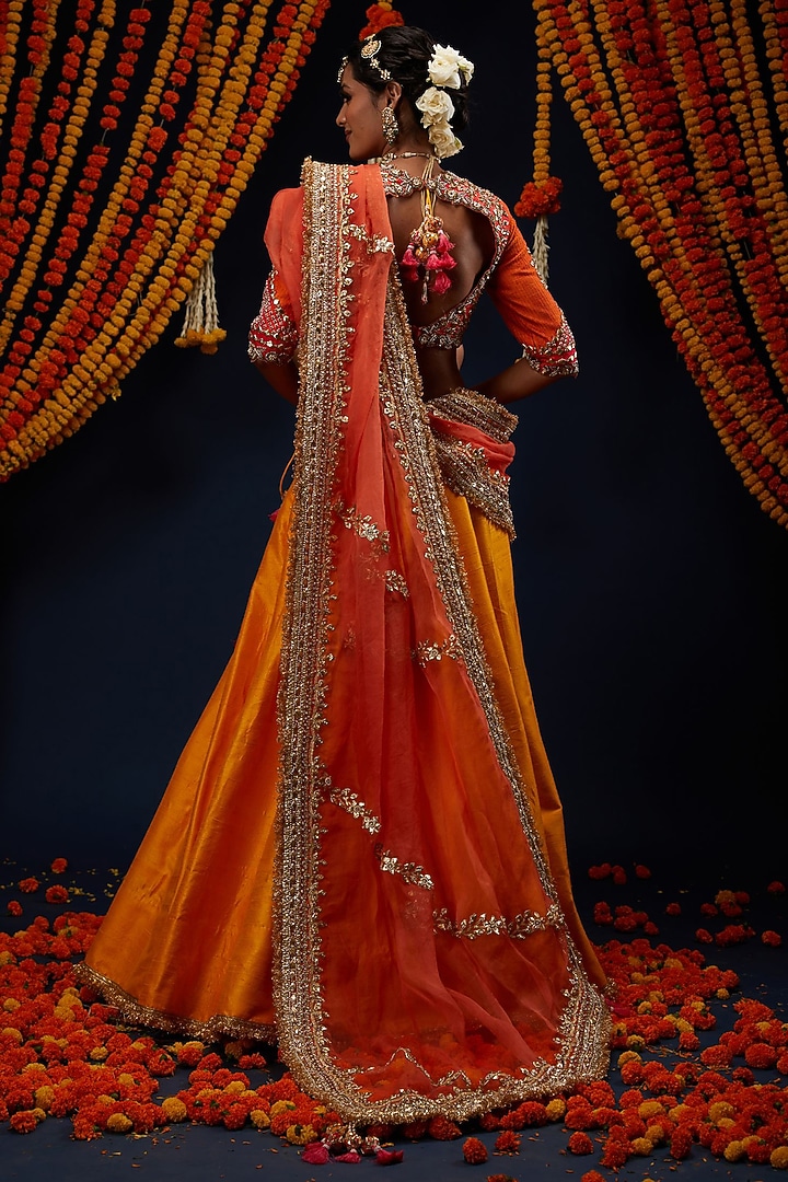 Marigold Yellow Ombre Raw Silk Sequin Embroidered Bridal Lehenga Set by Preeti S Kapoor at Pernia's Pop Up Shop