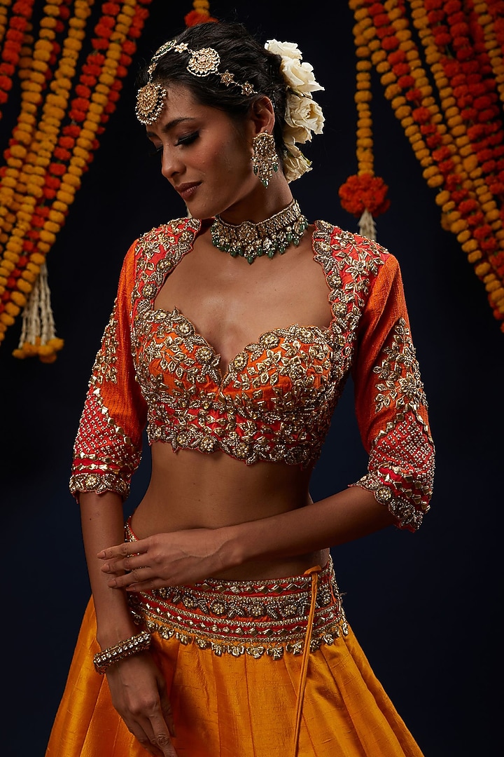 Marigold Yellow Ombre Raw Silk Sequin Embroidered Bridal Lehenga Set by Preeti S Kapoor at Pernia's Pop Up Shop