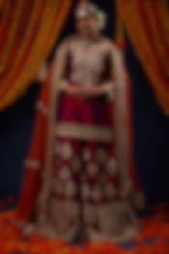 Wine Magenta Raw Silk Floral Embroidered Bridal Sharara Set by Preeti S Kapoor at Pernia's Pop Up Shop