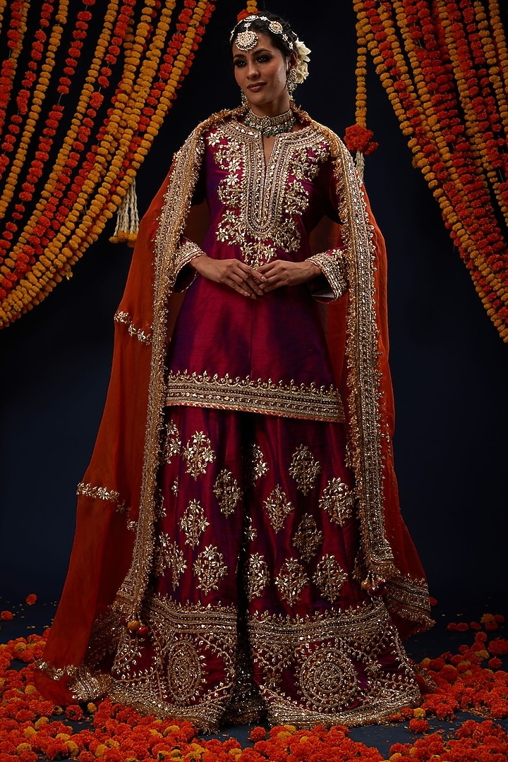 Wine Magenta Raw Silk Floral Embroidered Bridal Sharara Set by Preeti S Kapoor at Pernia's Pop Up Shop