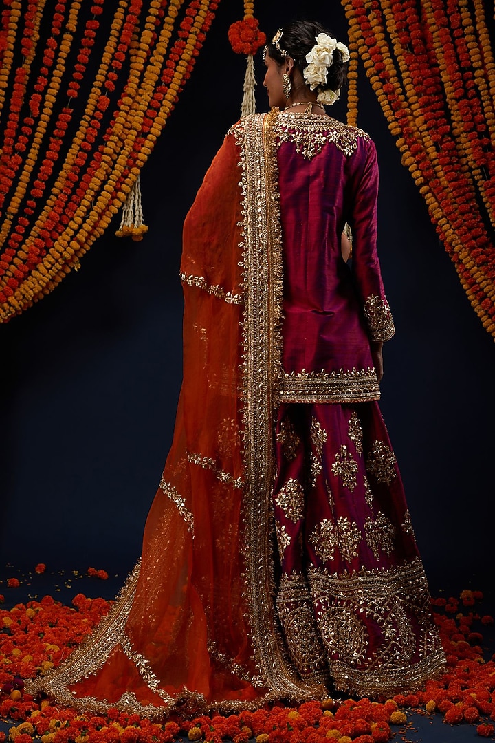 Wine Magenta Raw Silk Floral Embroidered Bridal Sharara Set by Preeti S Kapoor at Pernia's Pop Up Shop