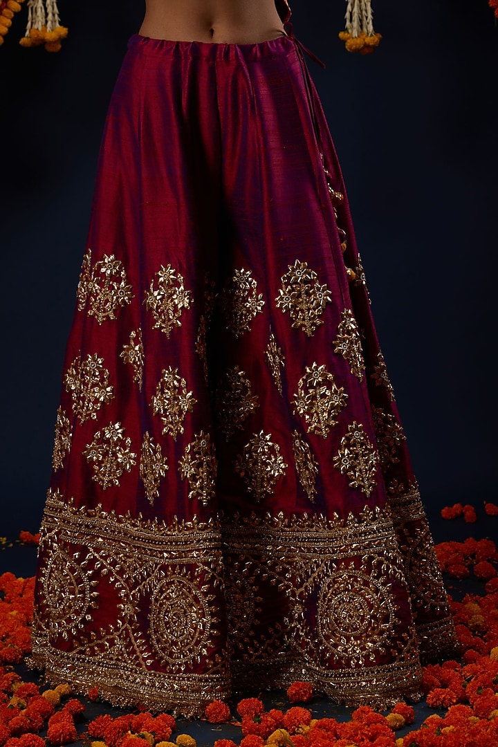 Wine Magenta Raw Silk Floral Embroidered Bridal Sharara Set by Preeti S Kapoor at Pernia's Pop Up Shop