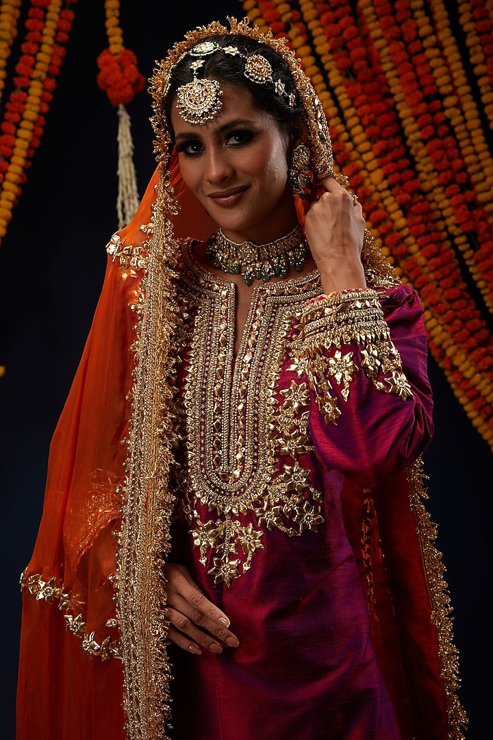 Wine Magenta Raw Silk Floral Embroidered Bridal Sharara Set by Preeti S Kapoor at Pernia's Pop Up Shop