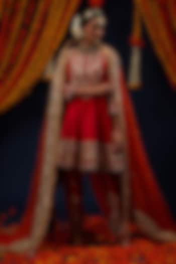 Red Raw Silk Sequin Embroidered Flared Short Bridal Anarkali Set by Preeti S Kapoor at Pernia's Pop Up Shop