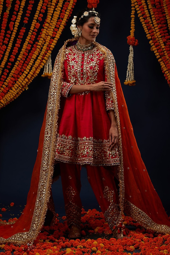 Red Raw Silk Sequin Embroidered Flared Short Bridal Anarkali Set by Preeti S Kapoor at Pernia's Pop Up Shop