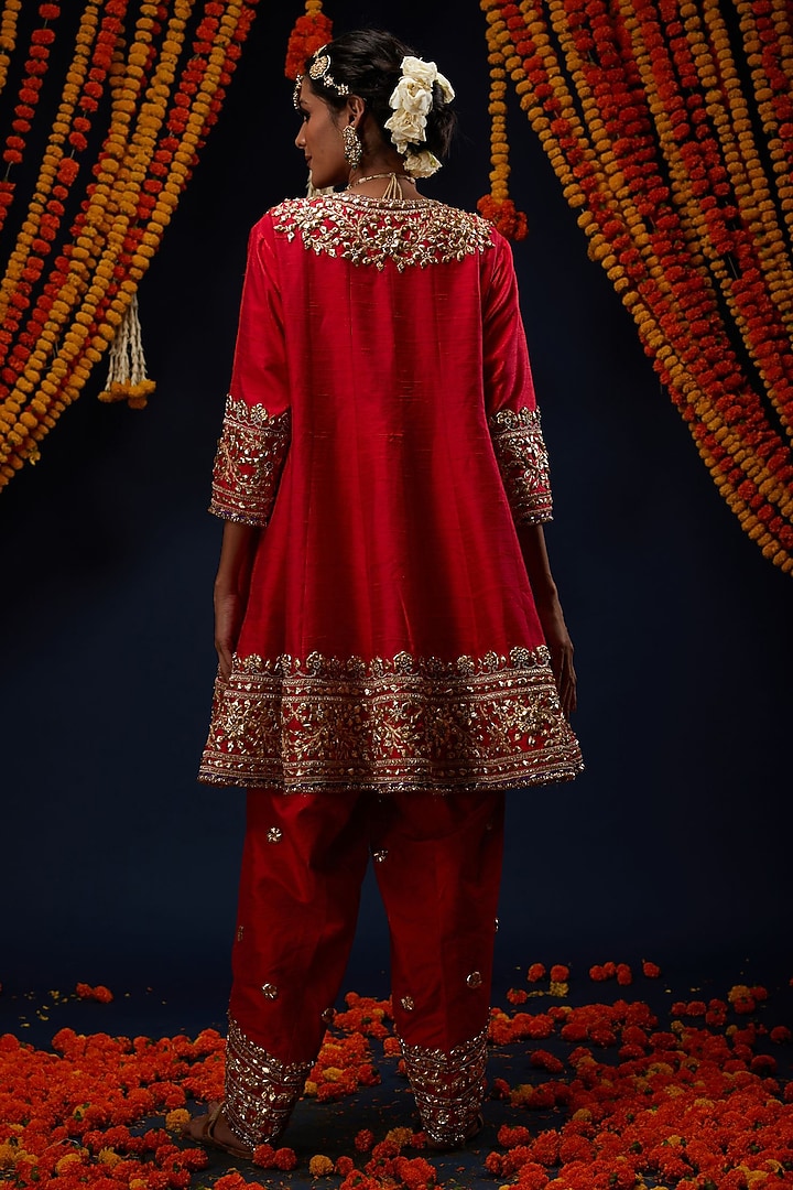 Red Raw Silk Sequin Embroidered Flared Short Bridal Anarkali Set by Preeti S Kapoor at Pernia's Pop Up Shop