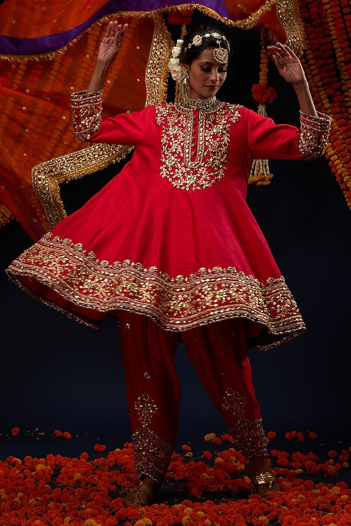 Red Raw Silk Sequin Embroidered Flared Short Bridal Anarkali Set by Preeti S Kapoor at Pernia's Pop Up Shop