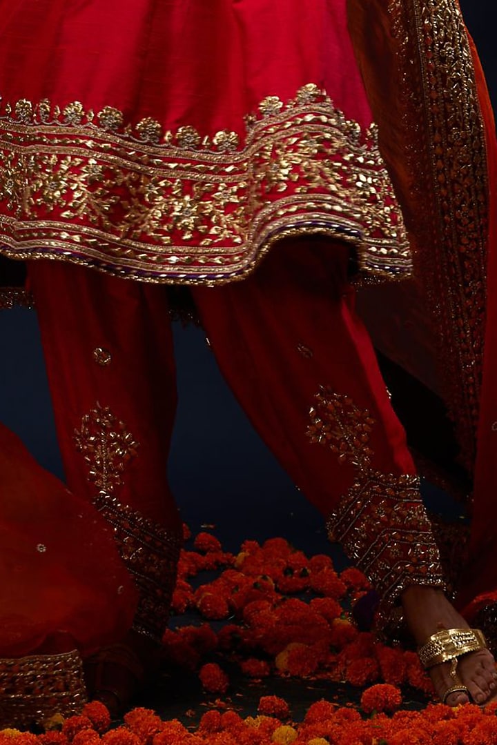 Red Raw Silk Sequin Embroidered Flared Short Bridal Anarkali Set by Preeti S Kapoor at Pernia's Pop Up Shop