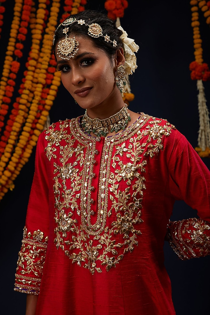 Red Raw Silk Sequin Embroidered Flared Short Bridal Anarkali Set by Preeti S Kapoor at Pernia's Pop Up Shop