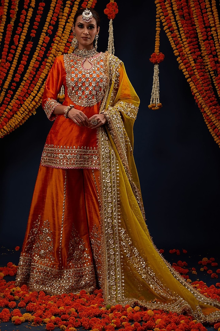 Orange Raw Silk Gota Embroidered Bridal Sharara Set by Preeti S Kapoor at Pernia's Pop Up Shop