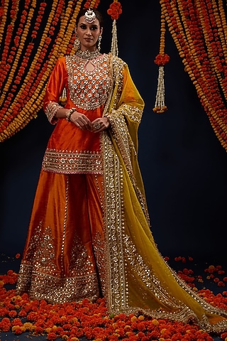Orange Raw Silk Gota Embroidered Sharara Set by Preeti S Kapoor