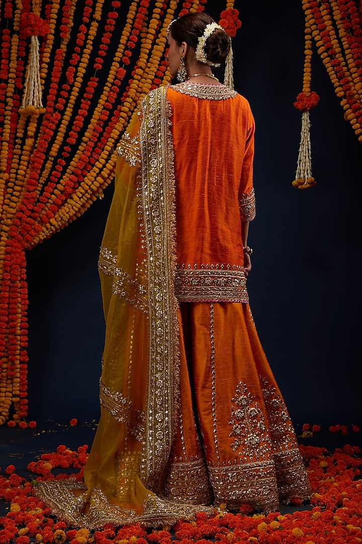 Orange Raw Silk Gota Embroidered Bridal Sharara Set by Preeti S Kapoor at Pernia's Pop Up Shop
