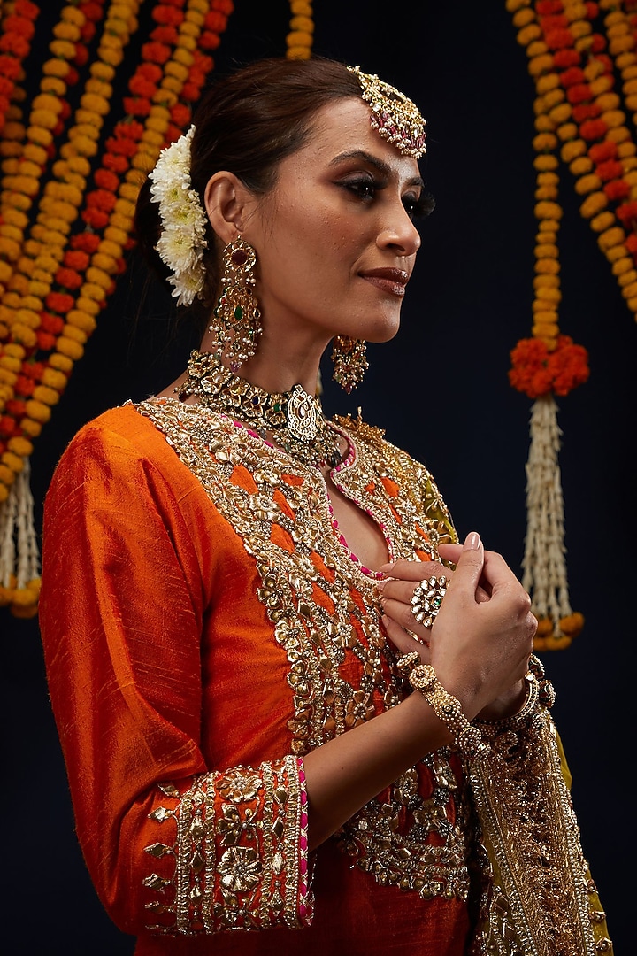 Orange Raw Silk Gota Embroidered Bridal Sharara Set by Preeti S Kapoor at Pernia's Pop Up Shop