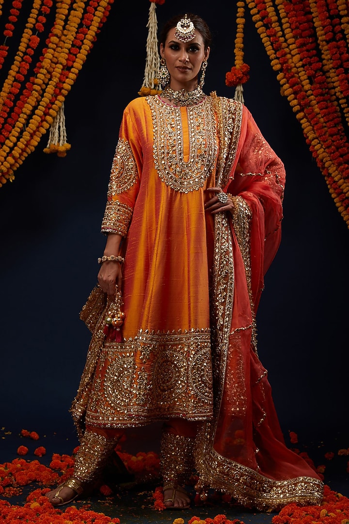 Marigold Orange Raw Silk Bead Embroidered Flared Bridal Anarkali Set by Preeti S Kapoor at Pernia's Pop Up Shop