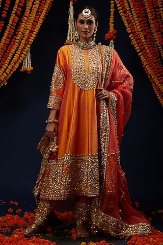 Marigold Orange Raw Silk Bead Embroidered Flared Anarkali Set by Preeti S Kapoor