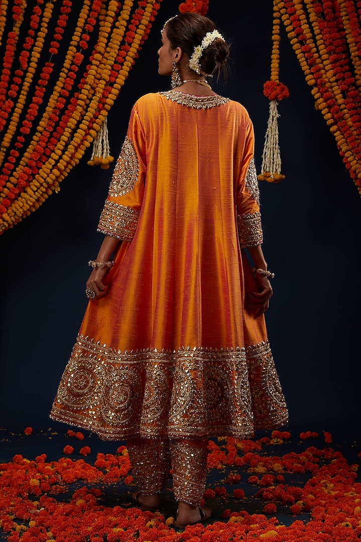 Marigold Orange Raw Silk Bead Embroidered Flared Bridal Anarkali Set by Preeti S Kapoor at Pernia's Pop Up Shop