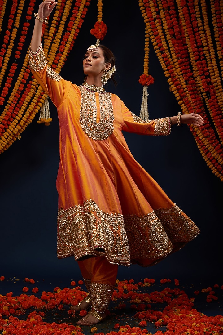 Marigold Orange Raw Silk Bead Embroidered Flared Bridal Anarkali Set by Preeti S Kapoor at Pernia's Pop Up Shop