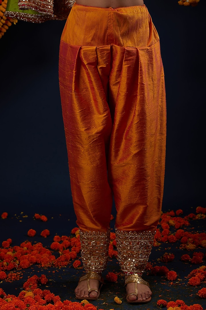 Marigold Orange Raw Silk Bead Embroidered Flared Bridal Anarkali Set by Preeti S Kapoor at Pernia's Pop Up Shop