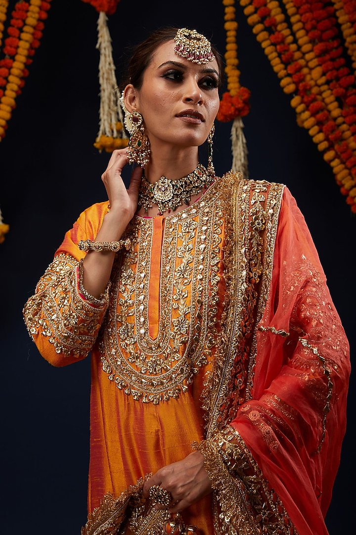 Marigold Orange Raw Silk Bead Embroidered Flared Bridal Anarkali Set by Preeti S Kapoor at Pernia's Pop Up Shop