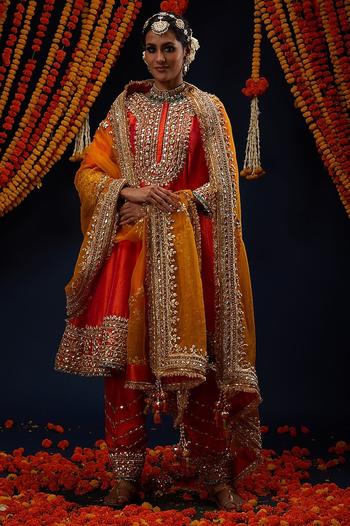 Rust Red Raw Silk Gota Embroidered Flared Bridal Anarkali Set by Preeti S Kapoor at Pernia's Pop Up Shop