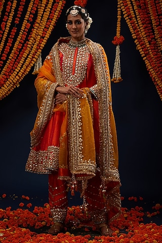 Rust Red Raw Silk Gota Embroidered Flared Anarkali Set by Preeti S Kapoor
