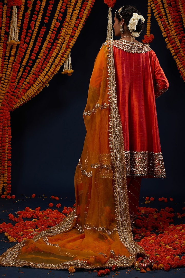 Rust Red Raw Silk Gota Embroidered Flared Bridal Anarkali Set by Preeti S Kapoor at Pernia's Pop Up Shop
