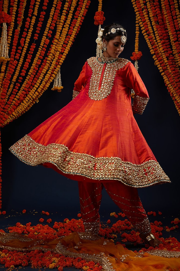 Rust Red Raw Silk Gota Embroidered Flared Bridal Anarkali Set by Preeti S Kapoor at Pernia's Pop Up Shop