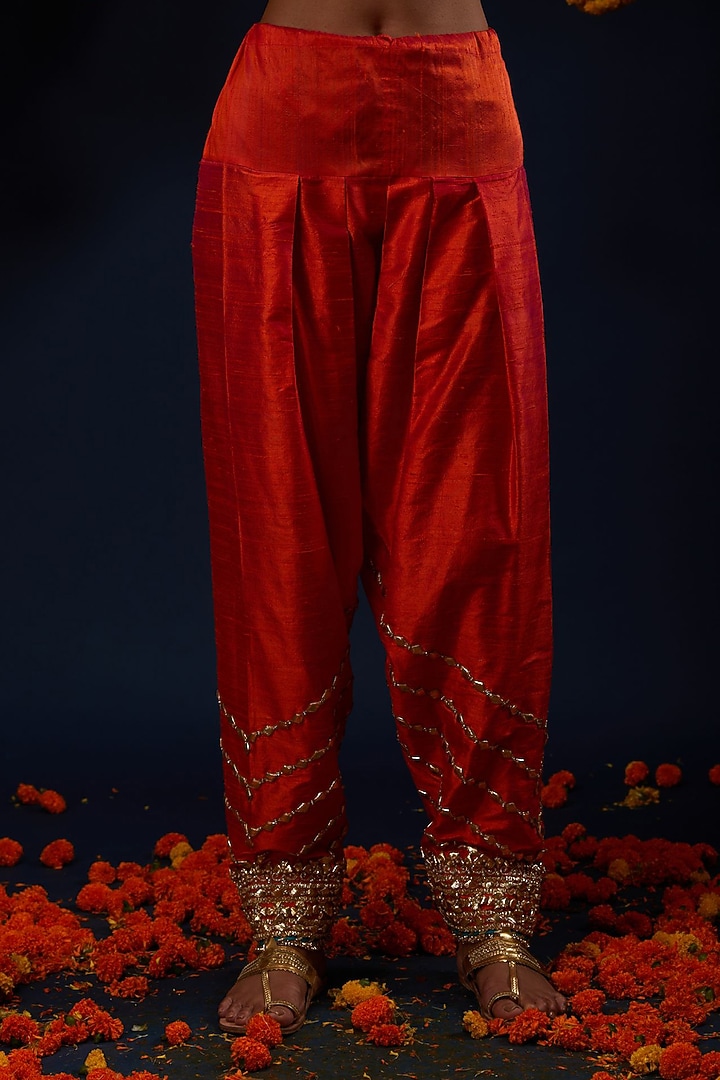Rust Red Raw Silk Gota Embroidered Flared Bridal Anarkali Set by Preeti S Kapoor at Pernia's Pop Up Shop